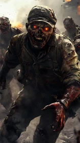 Burning-eyed zombie soldier lunges through war-torn smoke.