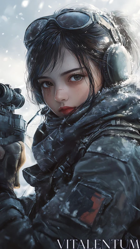Snow-covered tactical girl with rifle in winter gear.