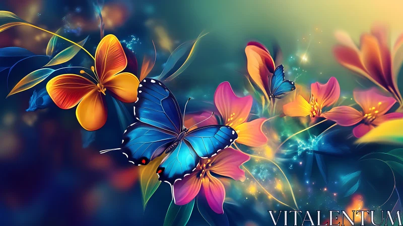 Vibrant blue butterflies hover over luminous multicolor florals