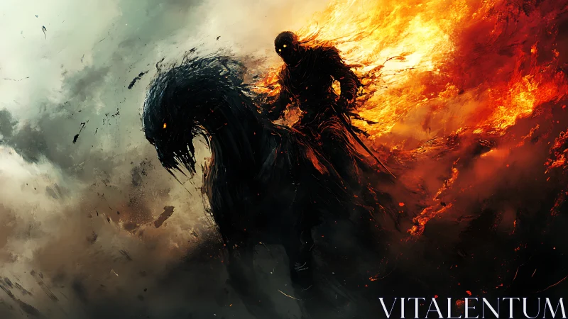 Infernal rider on shadow steed emerges through dynamic fire vortex