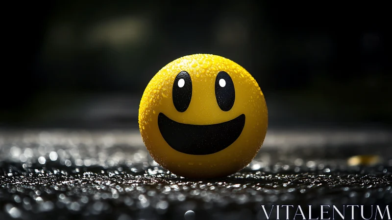 Smiling yellow emoji sphere on wet pavement at night.
