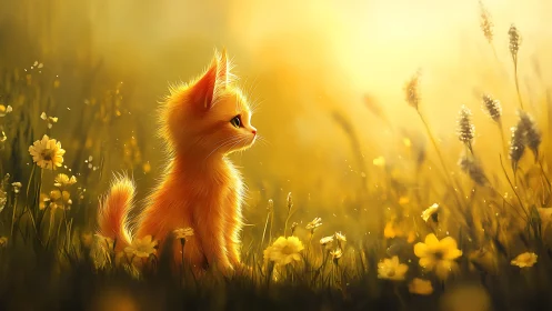 Orange kitten in sunlit meadow surrounded by yellow flowers.