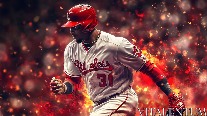 Baseball slugger sprints through blazing abstract stadium fire