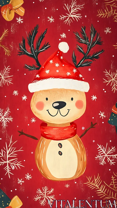 Cheerful reindeer snowman in cozy red Christmas blizzard.