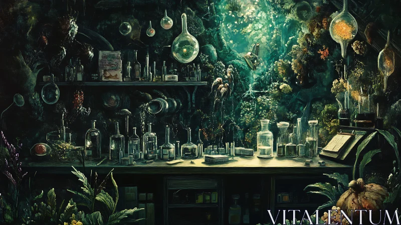 Alchemical forest laboratory with glass vessels and verdant light.