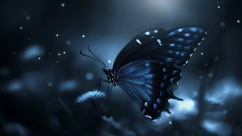 Midnight blue butterfly resting amid glowing bokeh field.