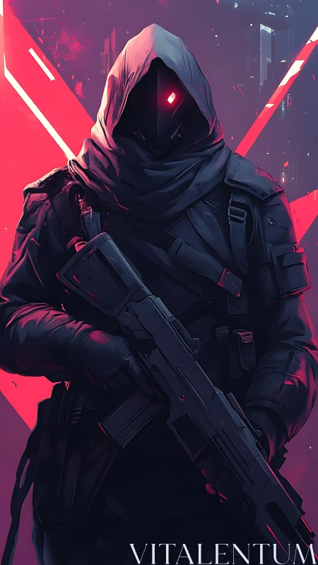 Hooded cybernetic sentinel with rifle in neon crimson haze.