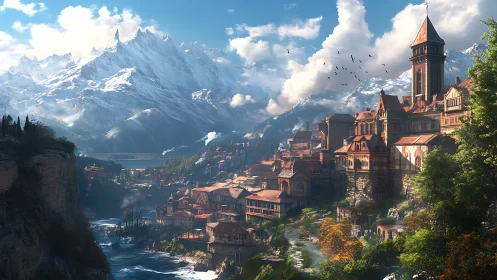 Mountain valley city with river, towers and snow peaks.