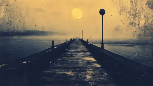 Nocturnal pier perspective under misted lunar glow.