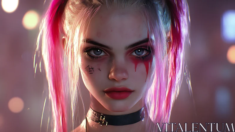 Neon-lit punk portrait with dual-tone hair and hard gaze.