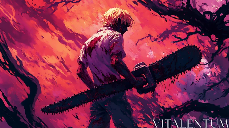 Bloodied chainsaw wielder stands under searing crimson sky