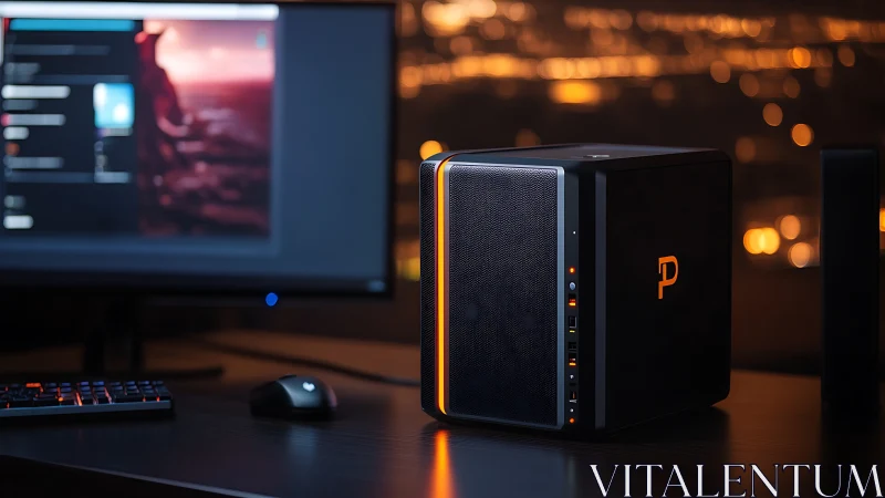 Gaming PC with Orange Accent Lighting in Studio Setup