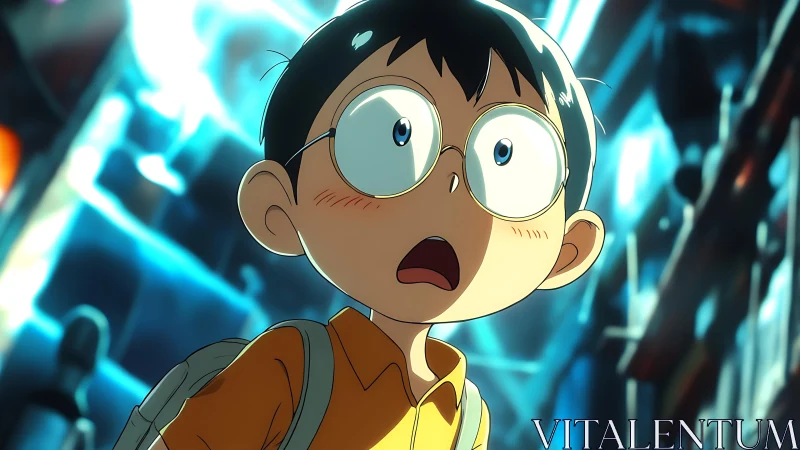 Young boy with glasses staring up in shock at city lights.