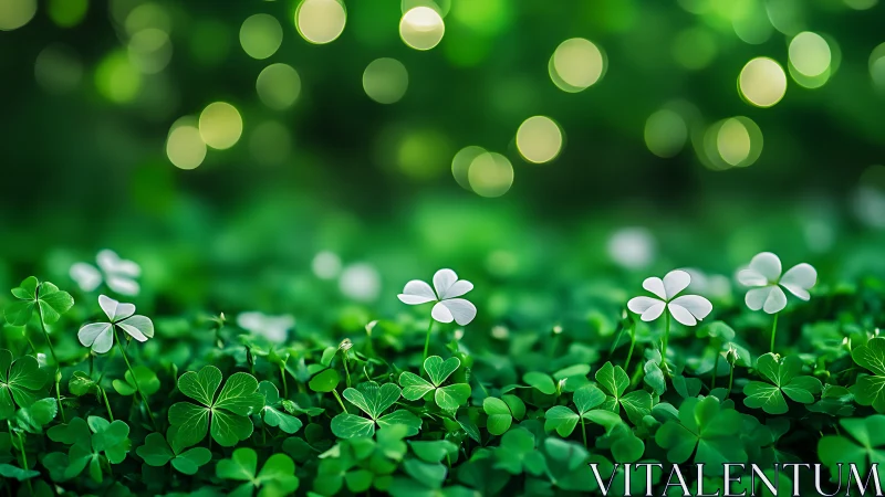 Shallow depth isolates white clover among green bokeh field