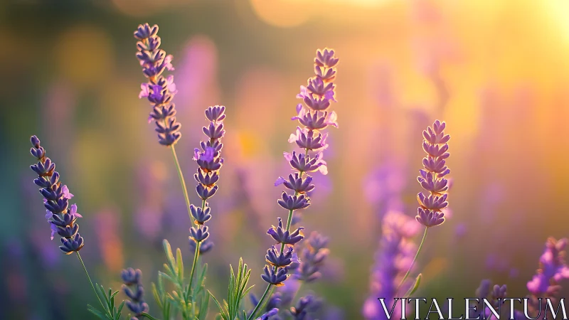 Lavender blooms glow softly in warm golden evening light