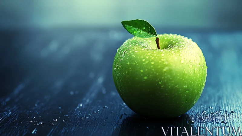Green apple rests on wet dark surface under cool light