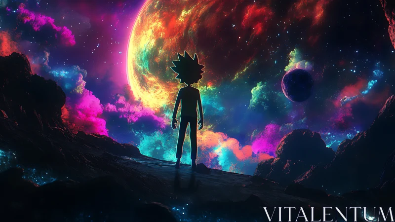 Backlit silhouette surveying chromatic nebular exoplanet vista.