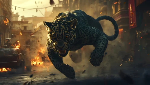 Jaguar Prowls Through Inferno Urban Landscape.