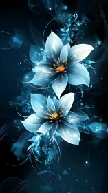 Digital composite rendering displays two luminescent flowers against dark background
