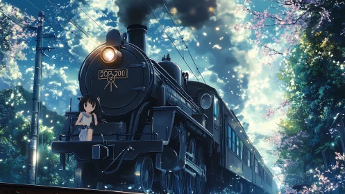 Steam locomotive daydream carries a lone girl through petals