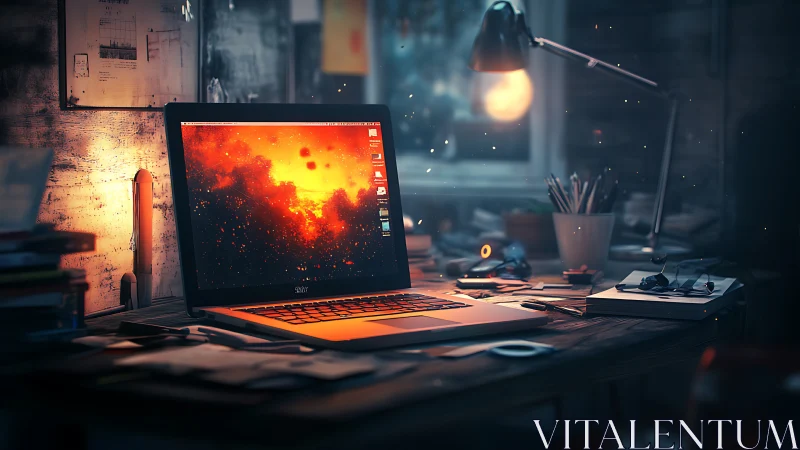 Laptop volcano glow on a midnight maker’s cluttered desk.