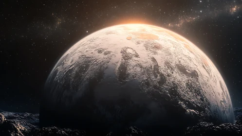 Luminous alien planet horizon under distant starfield glow.