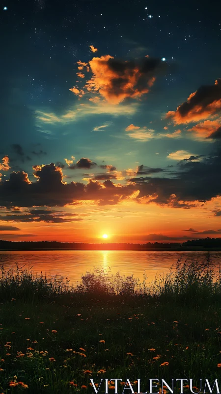 Radiant lakeside sunset glows beneath a starlit twilight sky.