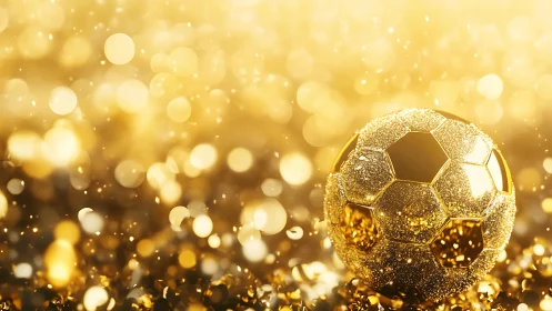 Golden glitter football crowned in swirling stadium light.