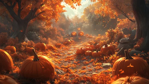 Autumn Pumpkin Pathway Through Ancient Trees.