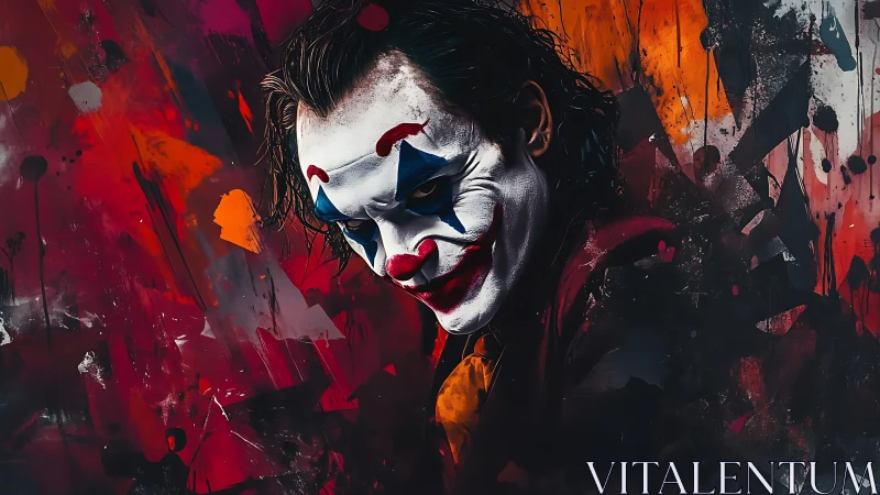 Clown portrait against abstract red and orange background.