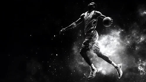 Soaring basketball player explodes from cosmic darkness.