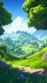 Sunlit valley landscape extends beneath vibrant summer sky