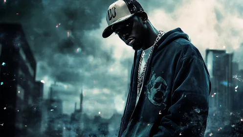 Urban hip‑hop portrait in teal atmospheric digital rendering.