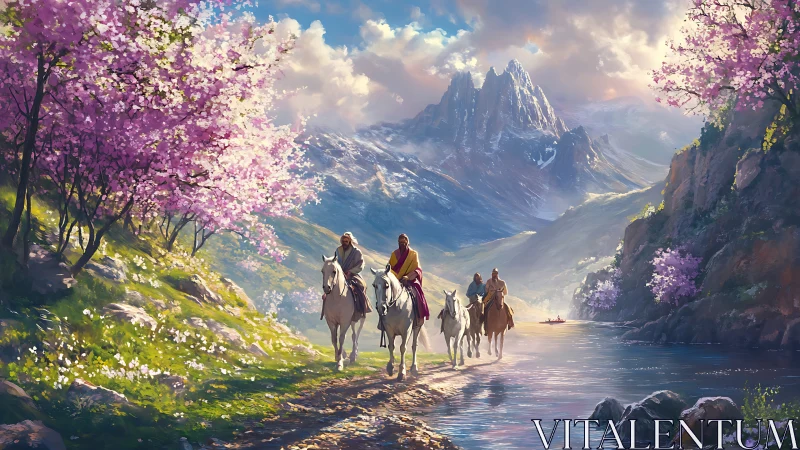 Riders on white horses follow river through spring valley.