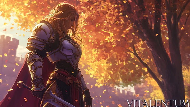 Autumn-lit armored paladin in contemplative stance beneath foliage