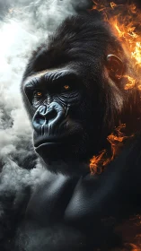 Fiery gorilla emerges from swirling smoke with fierce calm