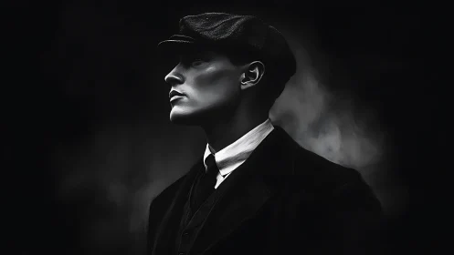 Profile portrait of man in flat cap against dark backdrop.