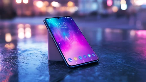 Smartphone Display Showcasing Neon Gradient Wallpaper in Urban Setting.