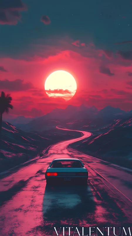 Neon dusk highway curls toward a colossal rising moon