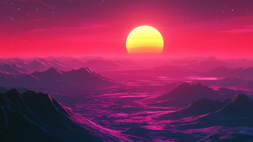 Neon mountains exhale under a colossal candy-colored sun