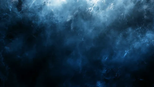 Misty blue cosmic clouds drifting through quiet darkness.