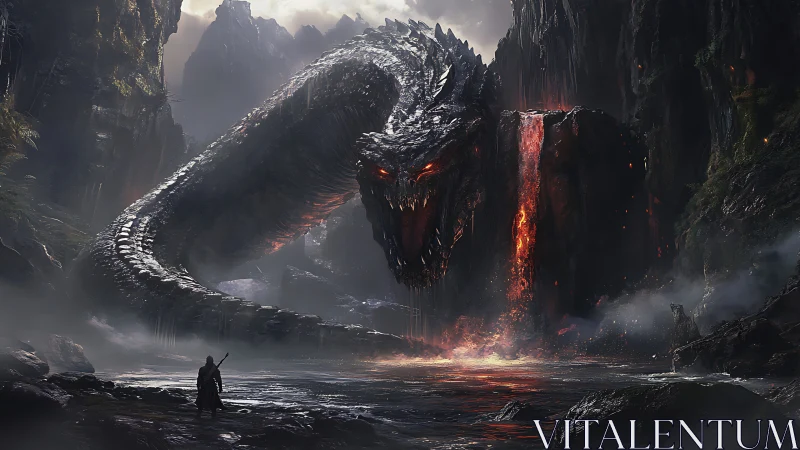 Colossal lava dragon emerges before lone warrior in mist.