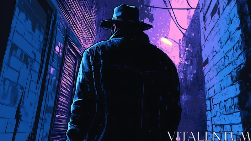 Lone figure walks neon alley under moody violet streetlight