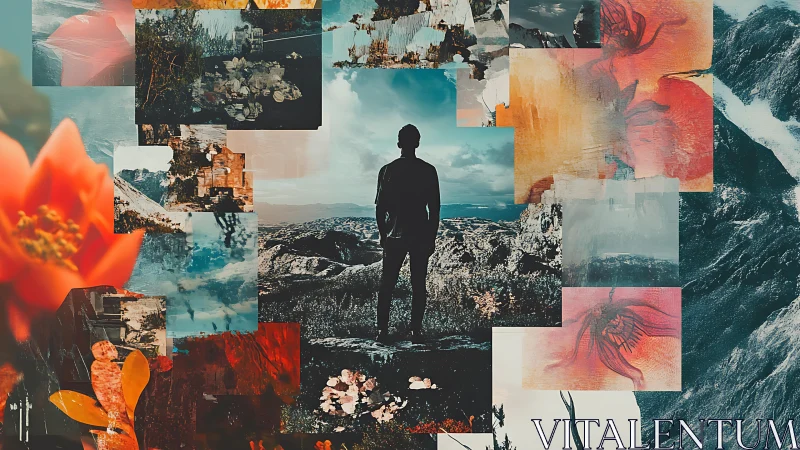 Silhouetted figure amid layered landscape collage explores memory