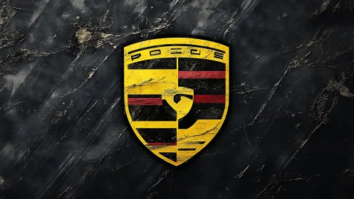 Yellow automotive-style shield logo on dark stone background.