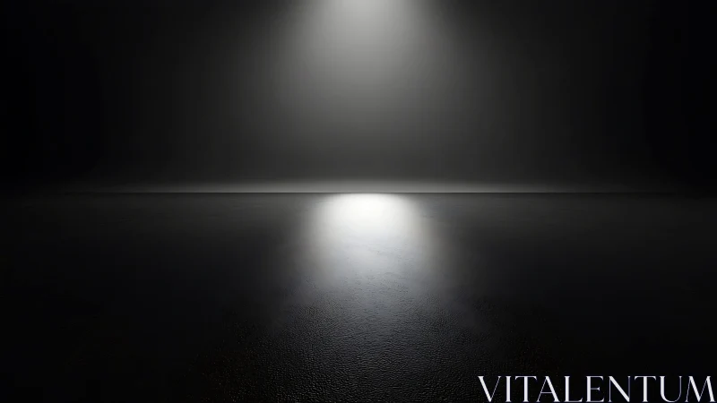 Solitary spotlight floods a dark reflective horizon plane.