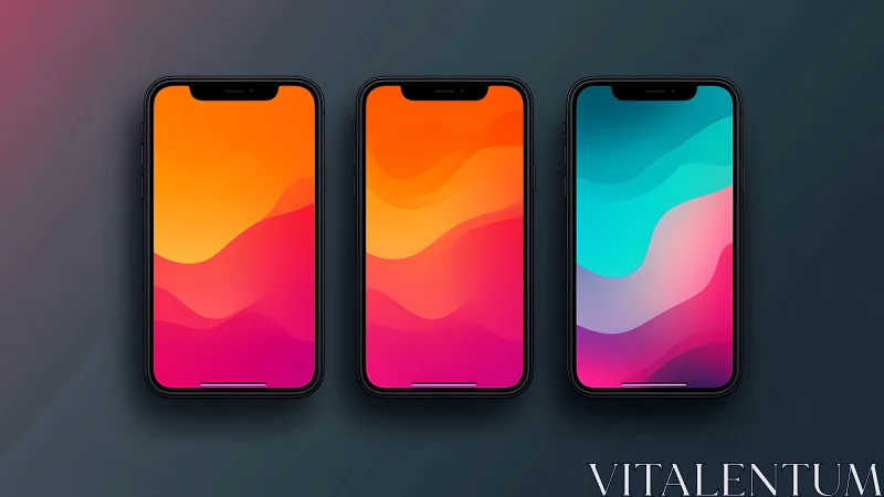 Three smartphones displaying gradient abstract wallpapers with fluid wave transitions