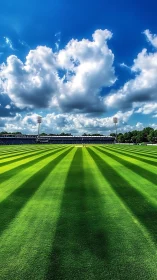 Symmetric cricket outfield under cumuliform sky perspective.