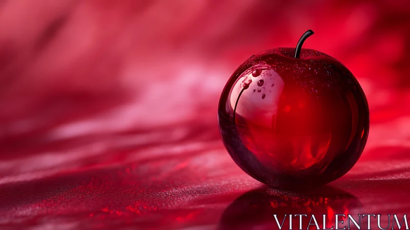 Red glass-like apple object on reflective red surface.