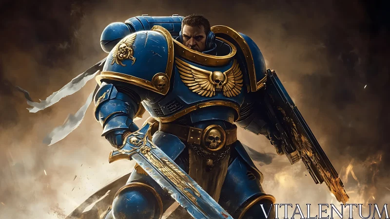 Starlit power armor champion strides through burning warfog.